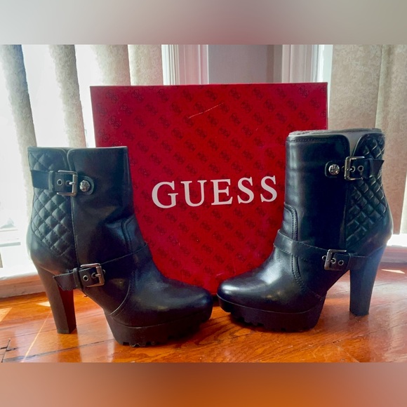 Guess Leather Clary Women 4 inch Heels Round Toe Black Ankle Boot size 10 - Picture 5 of 6